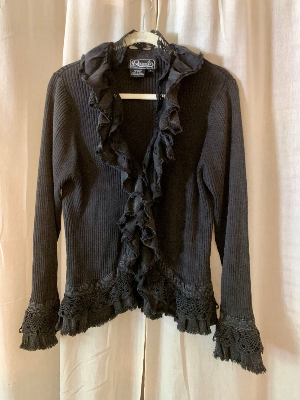 Rochelle California Black Cotton Crochet Ruffle Cardigan L